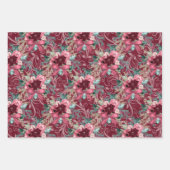 FEUILLE DE PAPIER CADEAU FLEURS DE COULEUR D'EAU ROSE BURGUNDY NOËL (Devant)