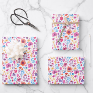 Feuille De Papier Cadeau Fleurs de doodle artistique abstrait rose bleu ora