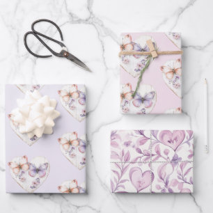 Feuille De Papier Cadeau Fleurs de lavande rose papillons coeur anniversair