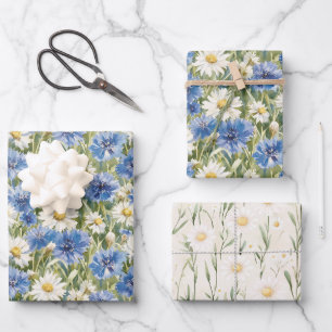 Feuille De Papier Cadeau Fleurs de marguerite bleues blanches Anniversaire