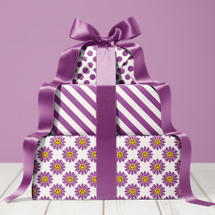 Feuille De Papier Cadeau Fleurs de Marguerite Violette Rayures Points