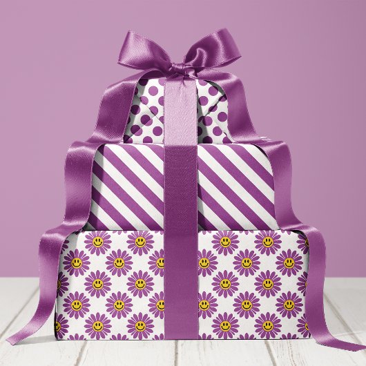 Feuille De Papier Cadeau Fleurs de Marguerite Violette Rayures Points