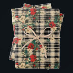 Feuille De Papier Cadeau Fleurs de Noël Plaid Noir Rouge Beige<br><div class="desc">Cette magnifique aquarelle de fleurs de Noël et de plaids de campagne vieilles,  en détresse,  fait un design joyeux pour vos projets d'artisanat de vacances et cadeaux.</div>