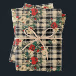 Feuille De Papier Cadeau Fleurs de Noël Plaid Noir Rouge Beige<br><div class="desc">Cette magnifique aquarelle de fleurs de Noël et de plaids de campagne vieilles,  en détresse,  fait un design joyeux pour vos projets d'artisanat de vacances et cadeaux.</div>