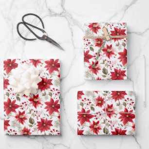 Feuille De Papier Cadeau Fleurs de Noël Poinsettia Rouge Floral Baie Rouge