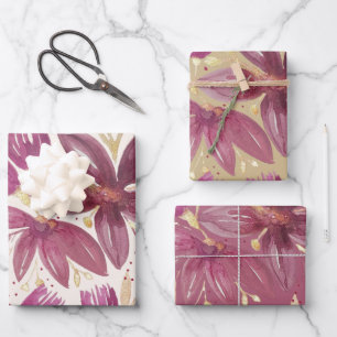 Feuille De Papier Cadeau Fleurs de passion, Aquarelle Bourgogne et or