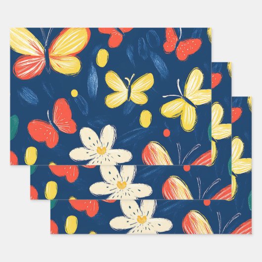 Feuille De Papier Cadeau Fleurs de rayonne et papillon (Lot)