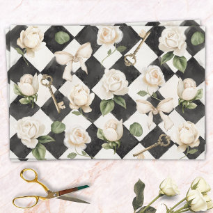 Feuille De Papier Cadeau Fleurs de rose vintage motif diamant noir et blanc