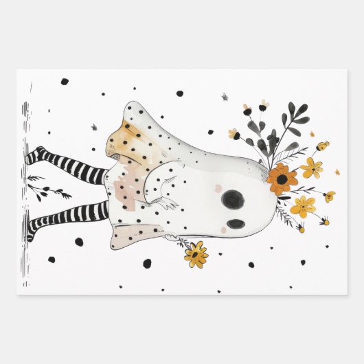 Feuille De Papier Cadeau Fleurs de soleil et fantômes avec Halloween Motif (Devant)