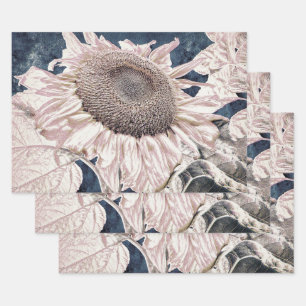 Feuille De Papier Cadeau Fleurs de soleil géantes Sépia gris Vintage Découp