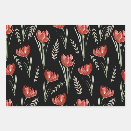 Feuille De Papier Cadeau Fleurs de tulipe Aquarelle botanique Noir (Devant 3)