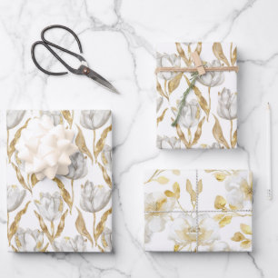 Feuille De Papier Cadeau Fleurs de tulipe blanches dorées Baby Shower