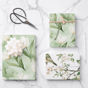 Feuille De Papier Cadeau Fleurs de tulipe vertes blanches Shower de mariage