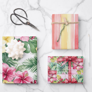Feuille De Papier Cadeau Fleurs d'Hibiscus Rose Jaune Rubans Rayures Annive