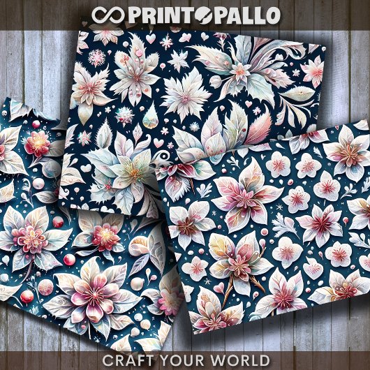 Feuille De Papier Cadeau Fleurs d'hiver sur fond noir pour découpage