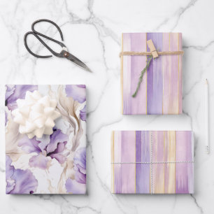 Feuille De Papier Cadeau Fleurs d'Iris à rayures dorées et lavande pour Bab