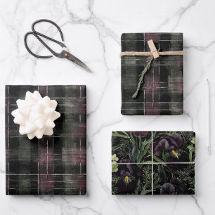 Feuille De Papier Cadeau Fleurs d'iris à rayures rouges de Bourgogne vertes