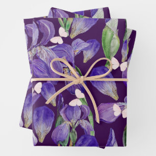 Feuille De Papier Cadeau Fleurs d'Iris violettes et papillons