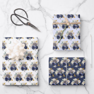 Feuille De Papier Cadeau Fleurs Élégantes Bleu Marine et Or