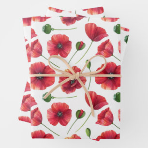 Feuille De Papier Cadeau Fleurs élégantes et colorées de pavot rouge