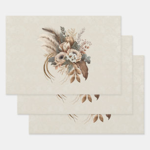 Feuille De Papier Cadeau Fleurs Élégantes Feuillage et plumes