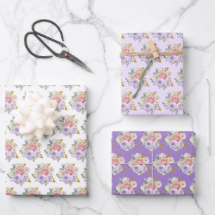 Feuille De Papier Cadeau Fleurs élégantes roses et violettes