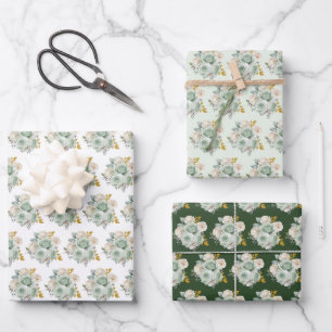 Feuille De Papier Cadeau Fleurs élégantes vert sauge et or