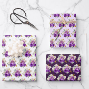 Feuille De Papier Cadeau Fleurs élégantes violet foncé et or 