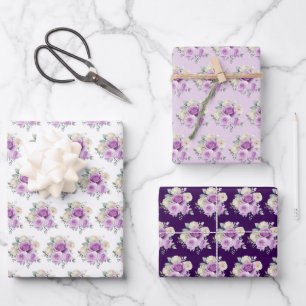 Feuille De Papier Cadeau Fleurs élégantes violettes et argentées