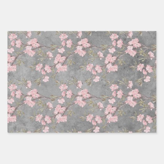 Feuille De Papier Cadeau Fleurs et branches roses sur gris (Devant 2)