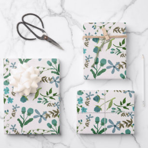 Feuille De Papier Cadeau Fleurs Florales Bleu Vert Cadeau pour Elle Aquarel
