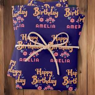 Feuille De Papier Cadeau Fleurs Florales Joyeux Anniversaire Handlettering