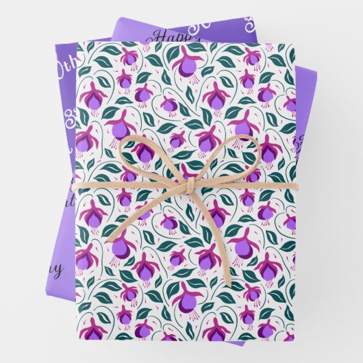 Feuille De Papier Cadeau Fleurs Fuchsia violettes coordonnées (En situation)