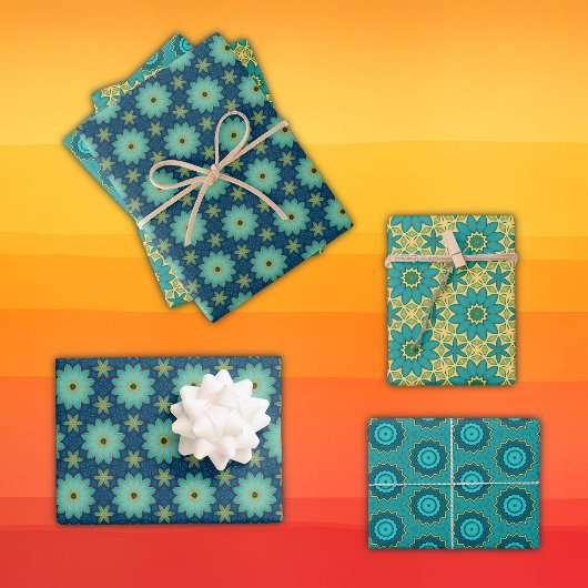 Feuille De Papier Cadeau Fleurs géométriques rétro Bleu jaune vif, Turquois