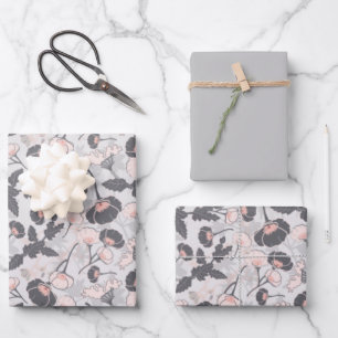 Feuille De Papier Cadeau Fleurs Gris Rose Élégantes