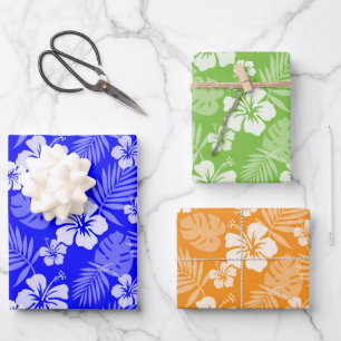 FEUILLE DE PAPIER CADEAU FLEURS HIBISCUS TROPICALES D'ORANGE VERT BLEU
