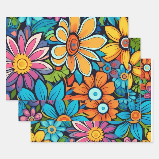 Feuille De Papier Cadeau Fleurs hippies (Lot)