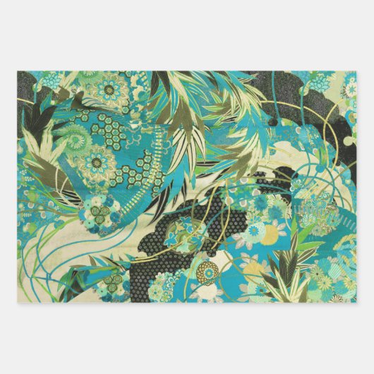 Feuille De Papier Cadeau FLEURS JAPONAISES ANCIENNES Rouge Turquoise Vert F (Devant 2)