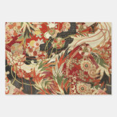 Feuille De Papier Cadeau FLEURS JAPONAISES ANCIENNES Rouge Turquoise Vert F (Devant)