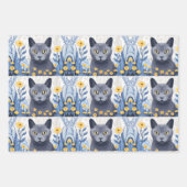 Feuille De Papier Cadeau Fleurs Jaunes Chat Bleu Russe (Devant 3)