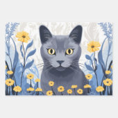 Feuille De Papier Cadeau Fleurs Jaunes Chat Bleu Russe (Devant)