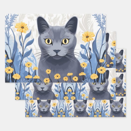 Feuille De Papier Cadeau Fleurs Jaunes Chat Bleu Russe (Lot)