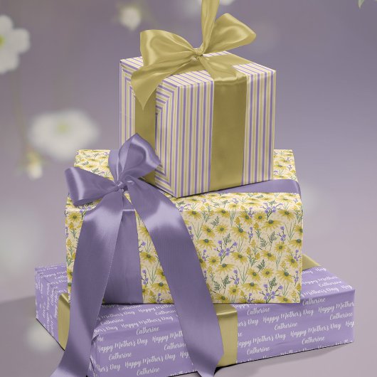 Feuille De Papier Cadeau Fleurs jaunes et violets Fête des mères