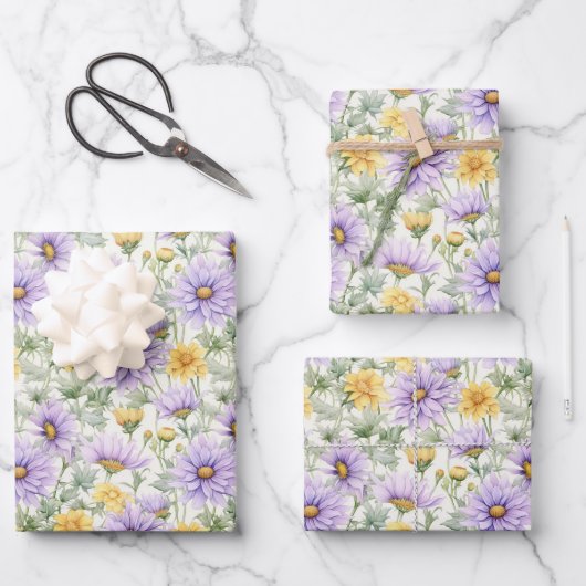 Feuille De Papier Cadeau Fleurs jaunes et violettes ressemblant à des margu (Recto)
