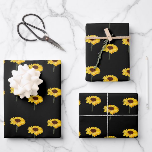 Feuille De Papier Cadeau Fleurs jaunes sur le noir (Recto)