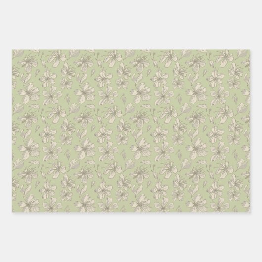 Feuille De Papier Cadeau Fleurs jetées sur vert olive - motif sans soudure. (Devant 2)