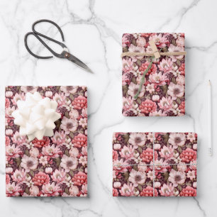 Feuille De Papier Cadeau Fleurs mélangées rose et ivoire