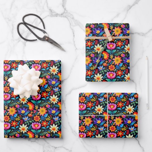 Feuille De Papier Cadeau Fleurs mexicaines de fiesta carrelées (Recto)