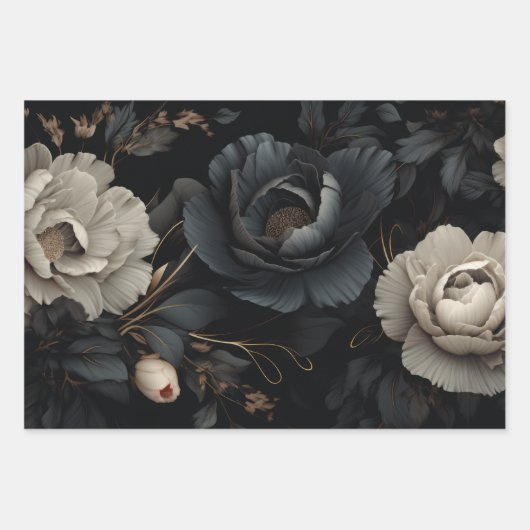 Feuille De Papier Cadeau Fleurs noires et blanches (Devant)