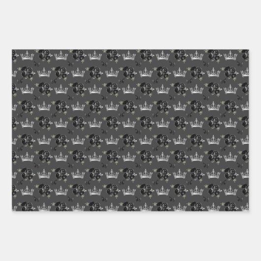 Feuille De Papier Cadeau Fleurs noires et Couronnes d'argent (Devant 3)